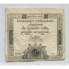 FRANCIA 1792 REVOLUCION FRANCESA 15 SOLES BILLETE EN BUEN ESTADO